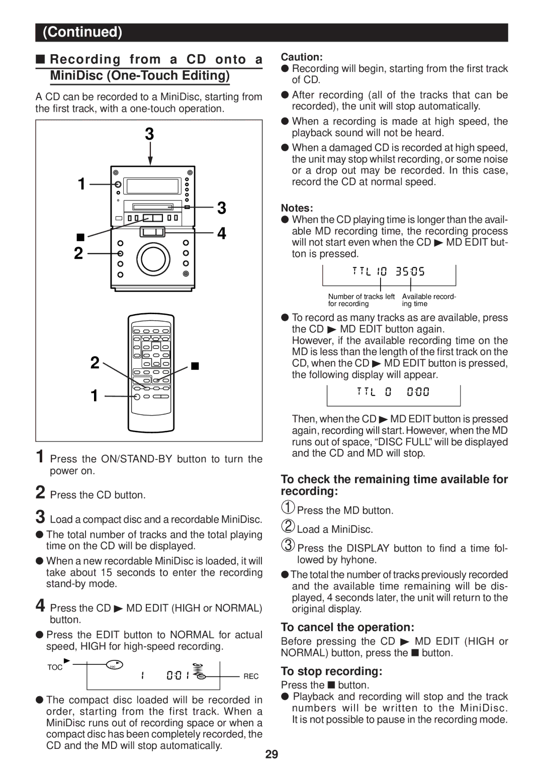 Sharp MD-M3H Recording from a CD onto a MiniDisc One-Touch Editing, To check the remaining time available for recording 