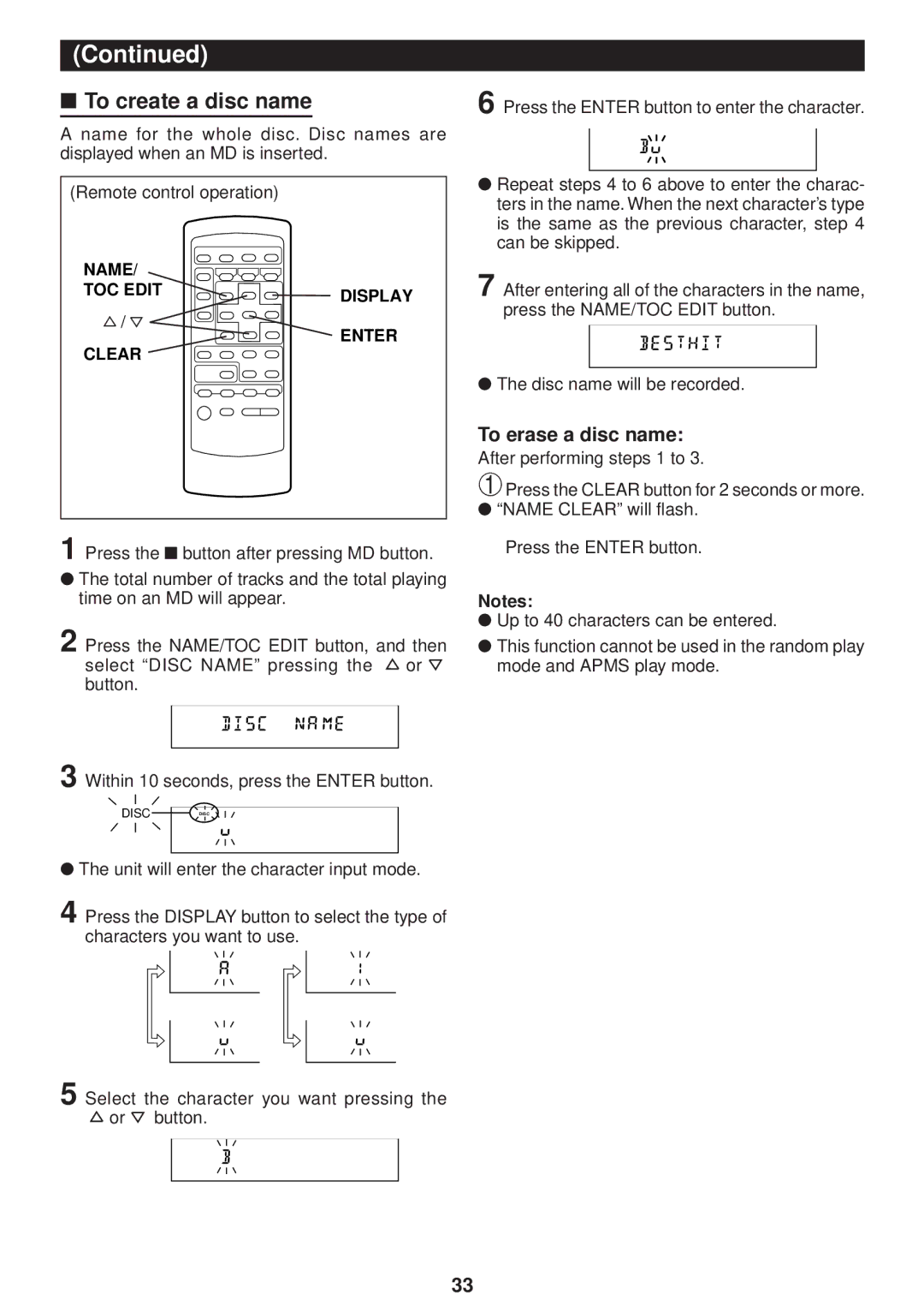 Sharp MD-M3H operation manual To create a disc name, To erase a disc name, Within 10 seconds, press the Enter button 