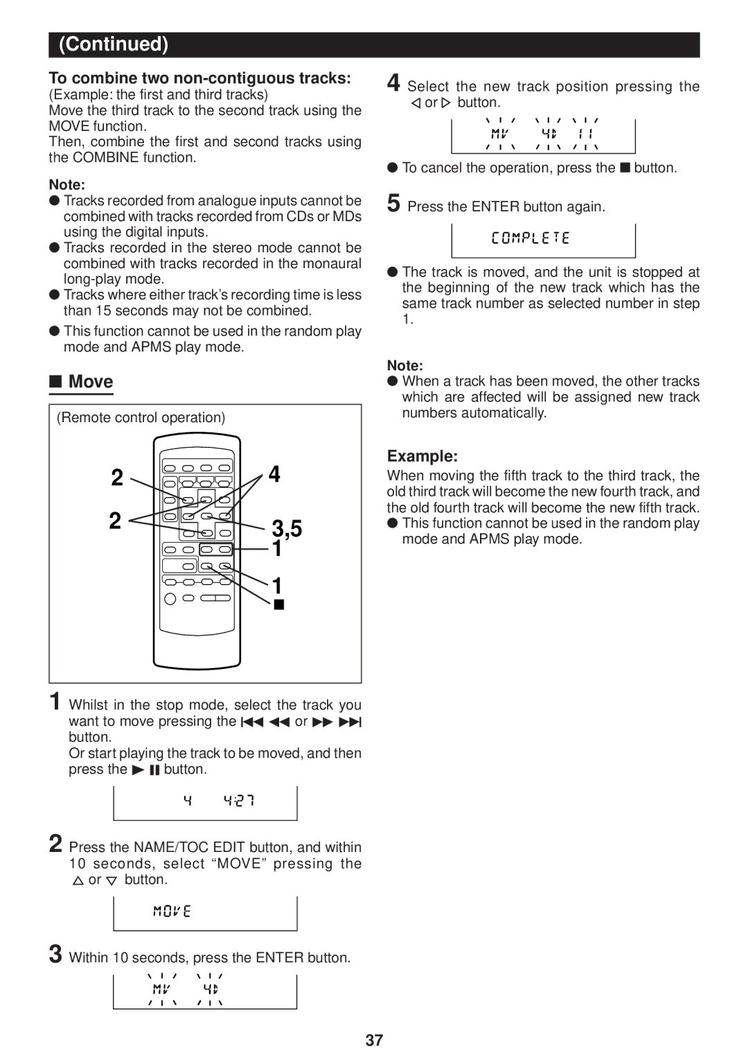 Sharp MD-M3H operation manual Move, To combine two non-contiguous tracks, Example 