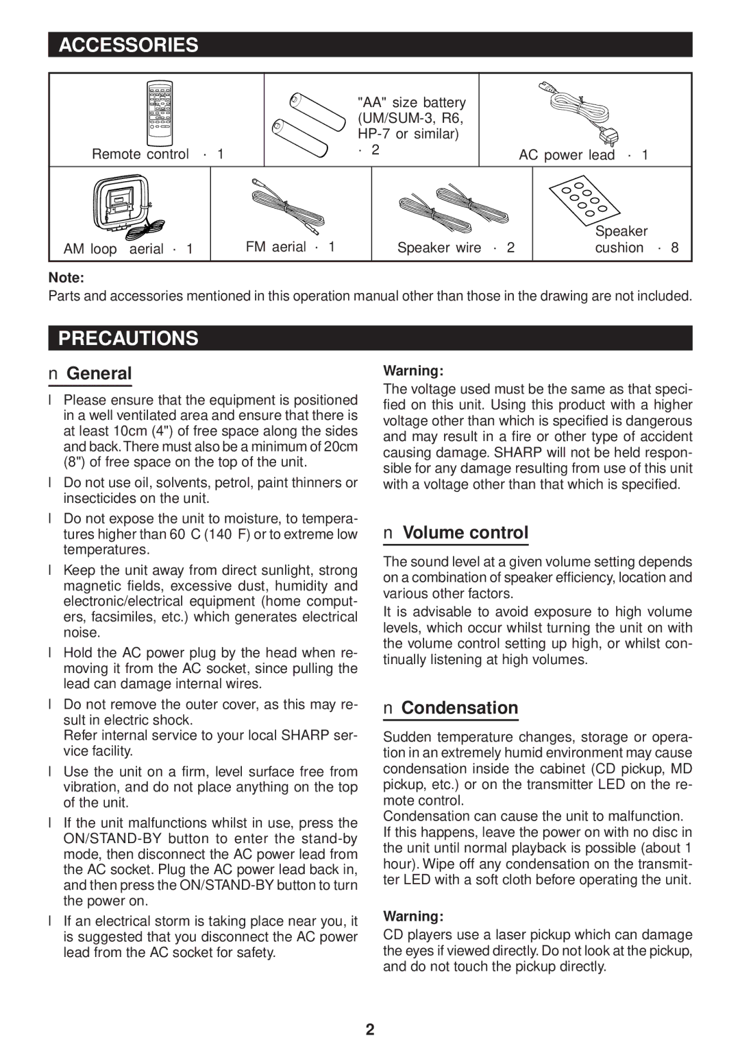 Sharp MD-M3H operation manual Accessories, Precautions, General, Volume control, Condensation 