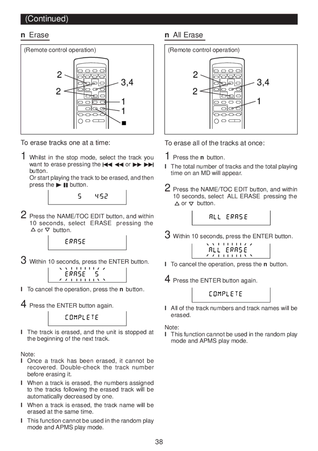 Sharp MD-M3H operation manual All Erase, To erase tracks one at a time, To erase all of the tracks at once 