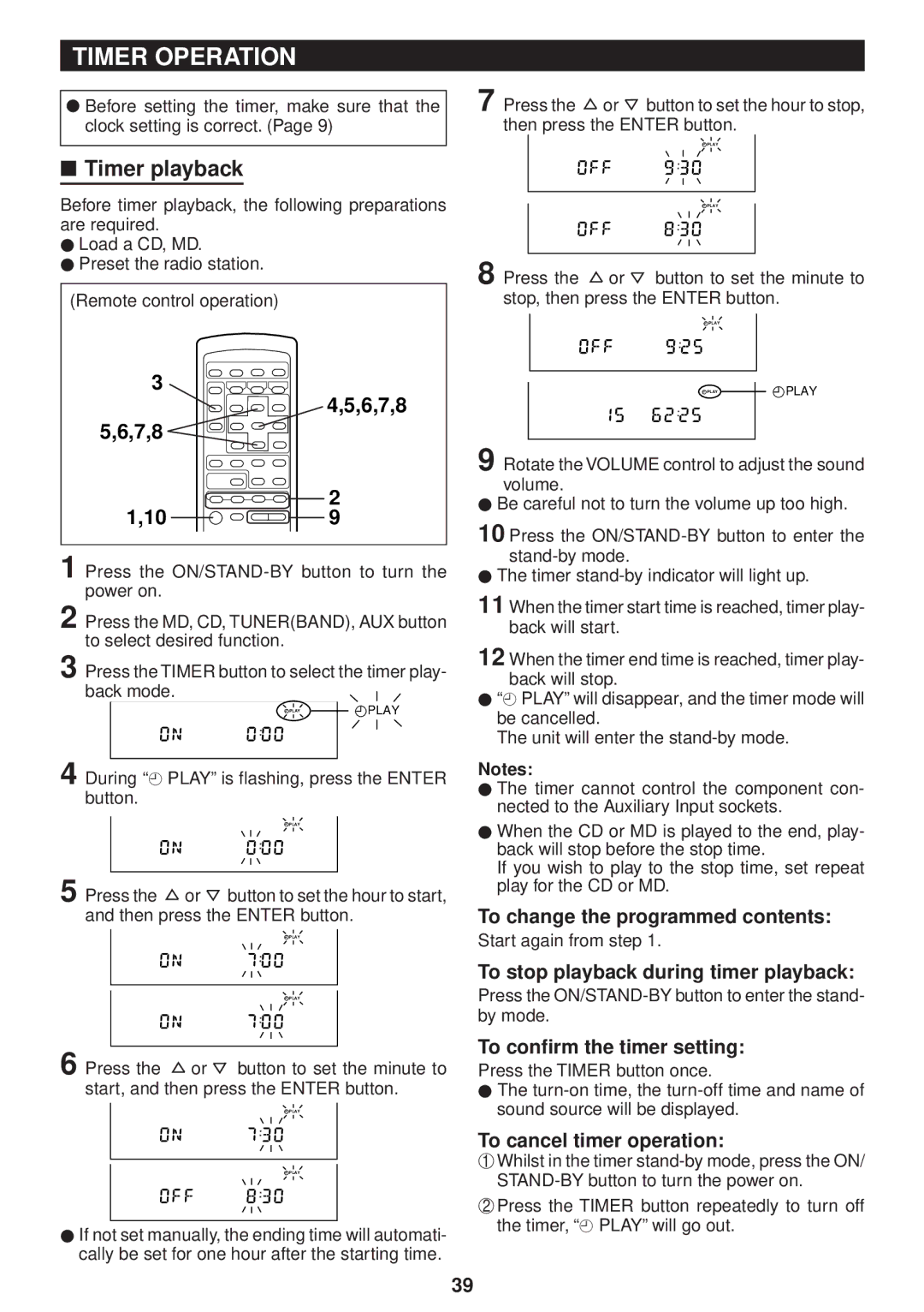 Sharp MD-M3H operation manual Timer Operation, Timer playback 