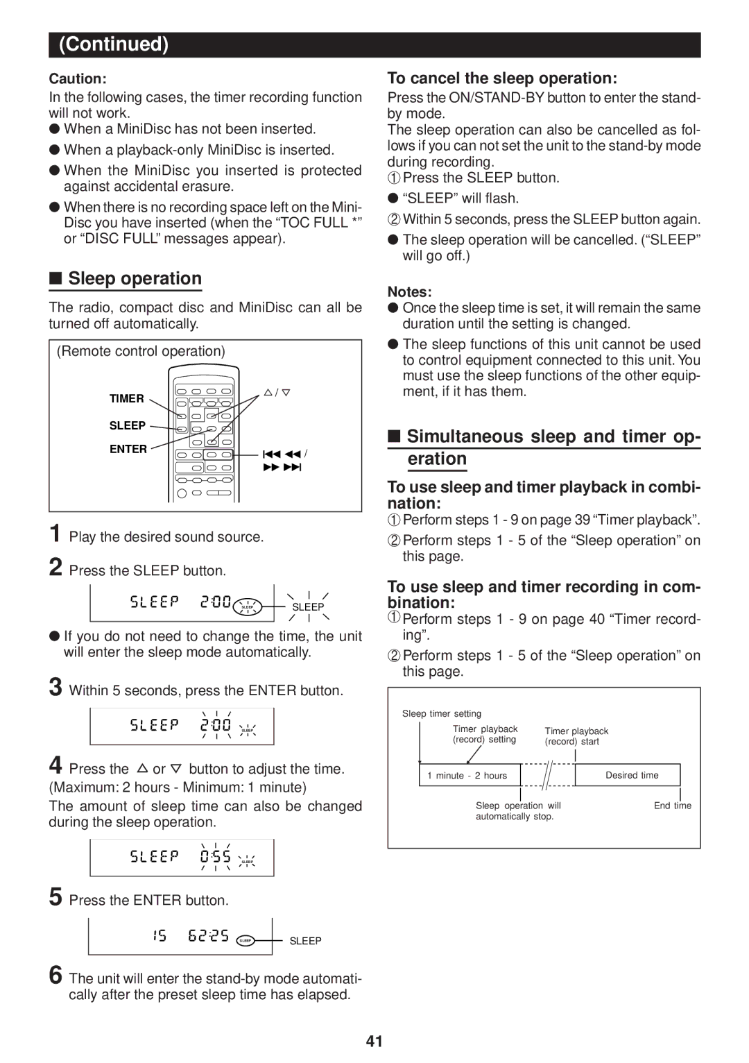 Sharp MD-M3H operation manual Sleep operation, Simultaneous sleep and timer op- eration, To cancel the sleep operation 