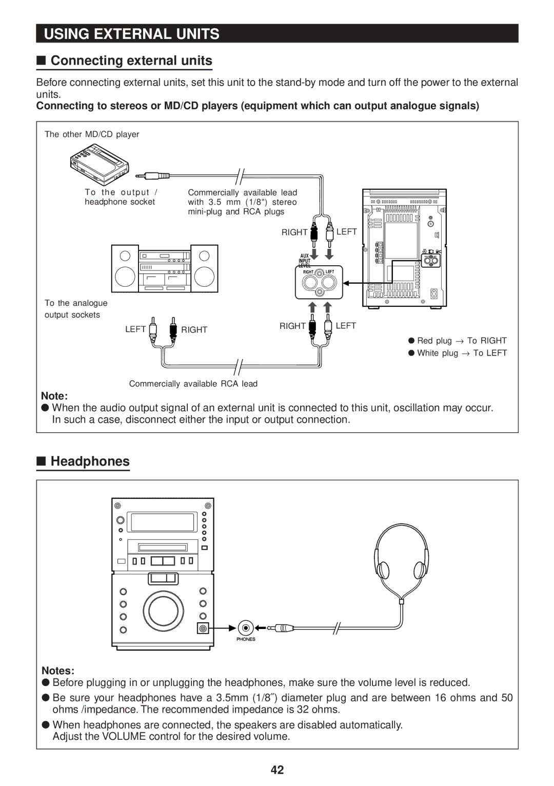 Sharp MD-M3H operation manual Using External Units, Connecting external units, Headphones 