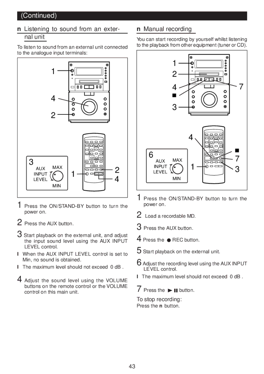 Sharp MD-M3H operation manual Listening to sound from an exter- nal unit, Manual recording 