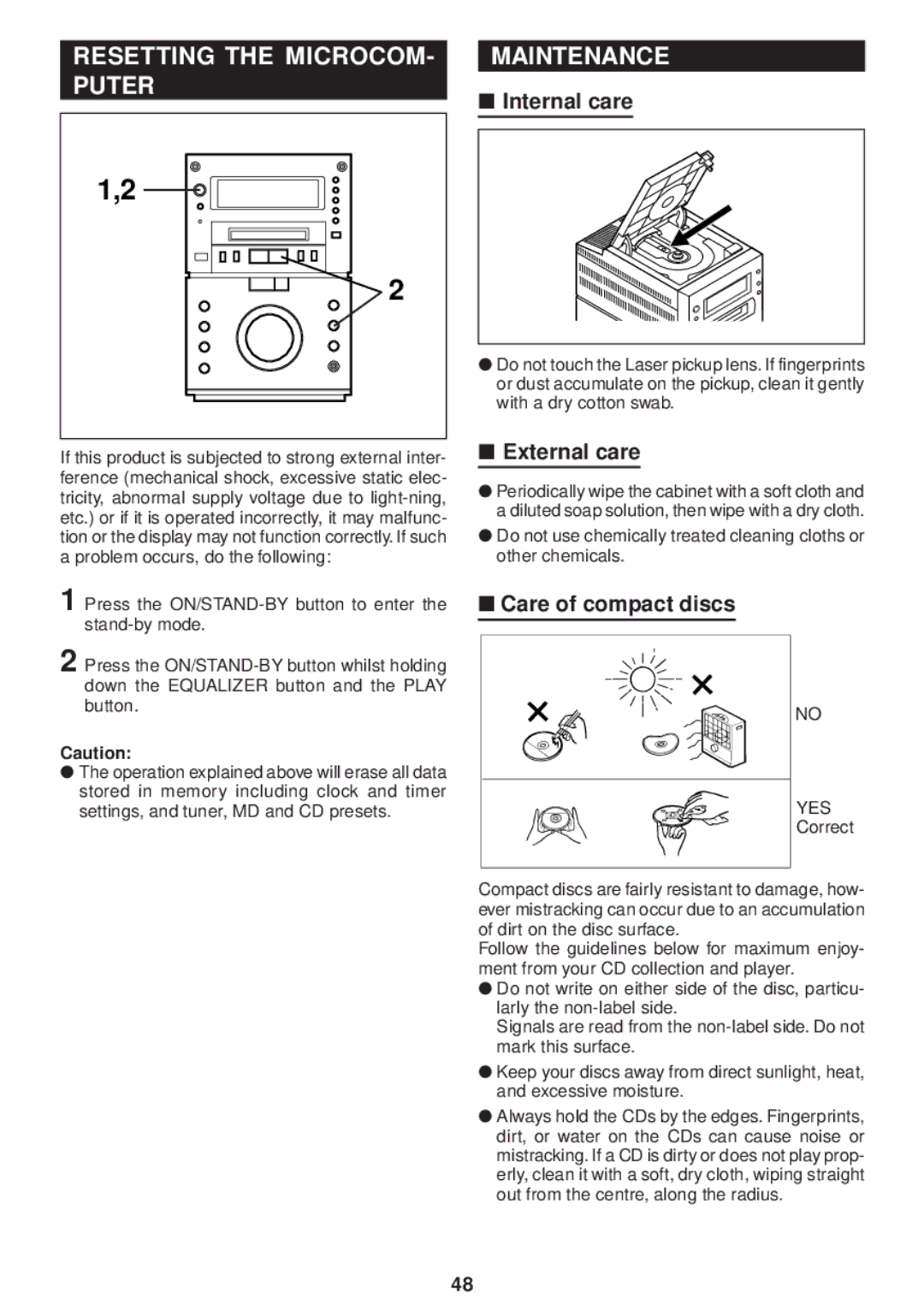 Sharp MD-M3H operation manual Resetting the Microcom Maintenance Puter, External care, Care of compact discs 