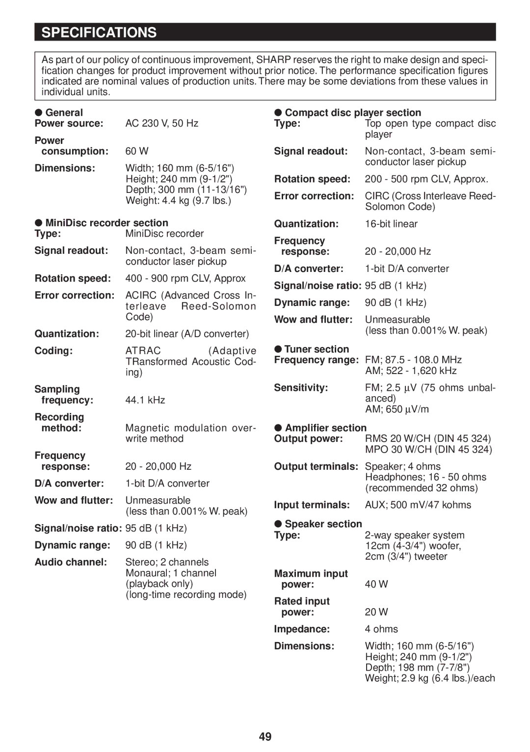 Sharp MD-M3H operation manual Specifications 