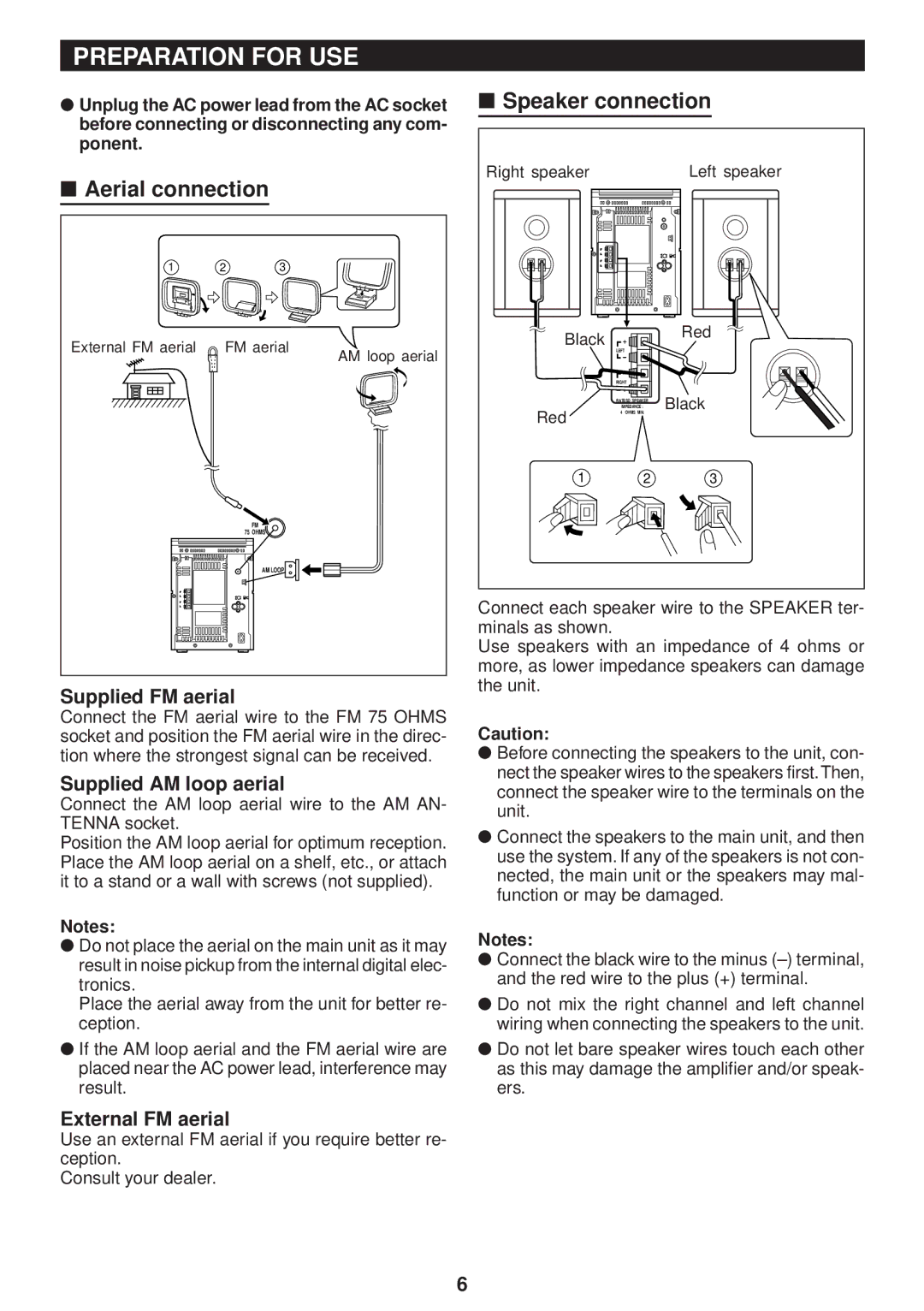 Sharp MD-M3H operation manual Preparation for USE, Aerial connection, Speaker connection 