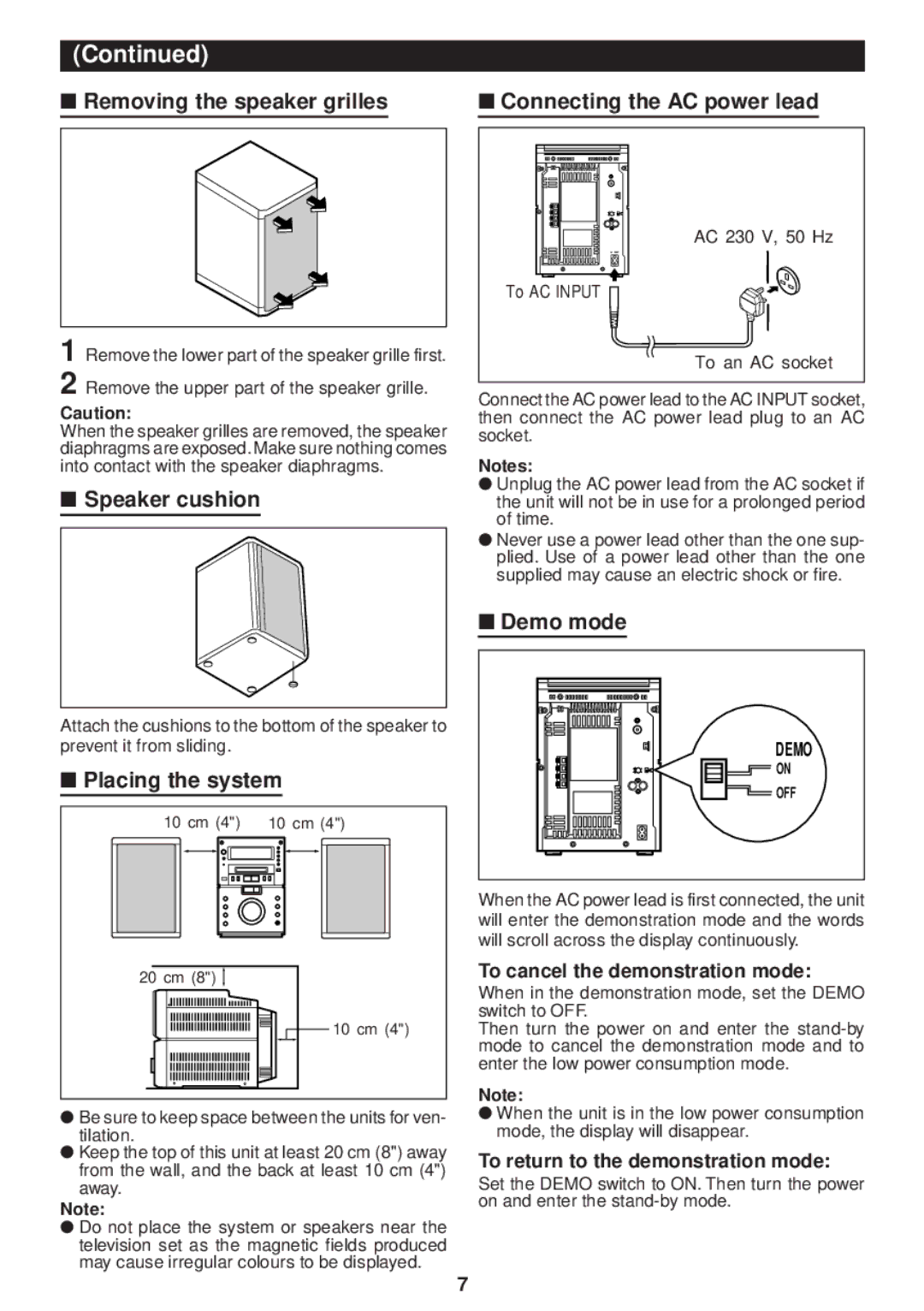 Sharp MD-M3H Removing the speaker grilles Connecting the AC power lead, Speaker cushion, Placing the system, Demo mode 