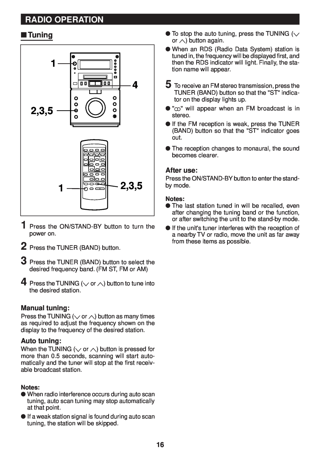 Sharp MD-M3H operation manual 2,3,5 1 2,3,5, Radio Operation, Tuning, Manual tuning, Auto tuning, After use 