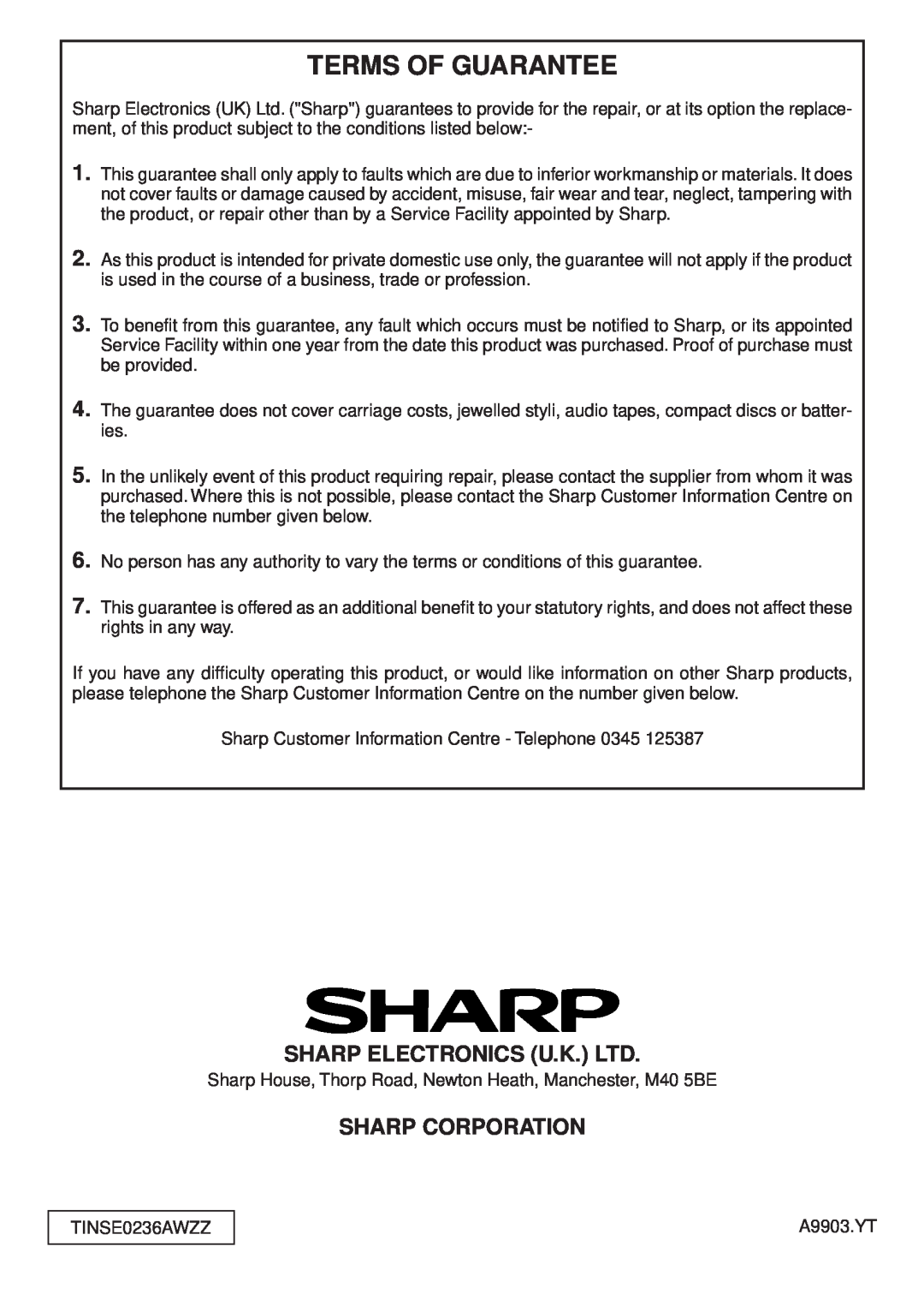 Sharp MD-M3H operation manual Terms Of Guarantee, Sharp Corporation 
