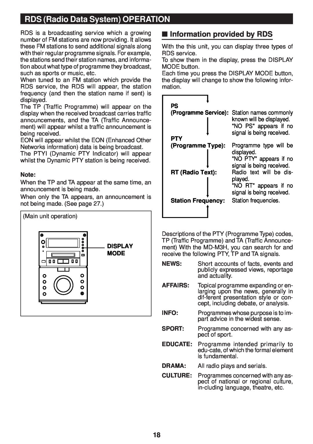 Sharp MD-M3H operation manual RDS Radio Data System OPERATION, Information provided by RDS 