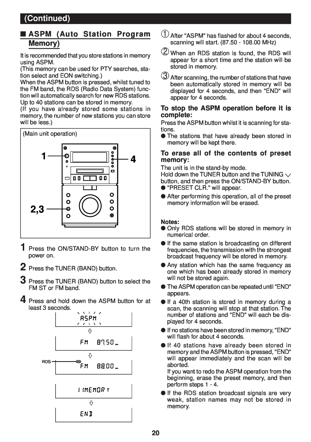 Sharp MD-M3H operation manual ASPM Auto Station ProgramMemory, To stop the ASPM operation before it is complete, Continued 