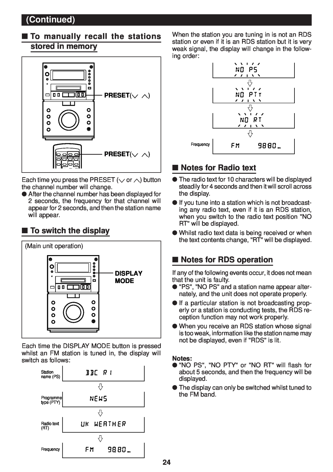 Sharp MD-M3H To manually recall the stations stored in memory, To switch the display, Notes for Radio text, Continued 