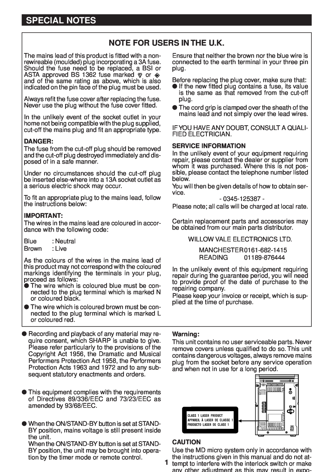 Sharp MD-M3H operation manual Special Notes, Note For Users In The U.K 