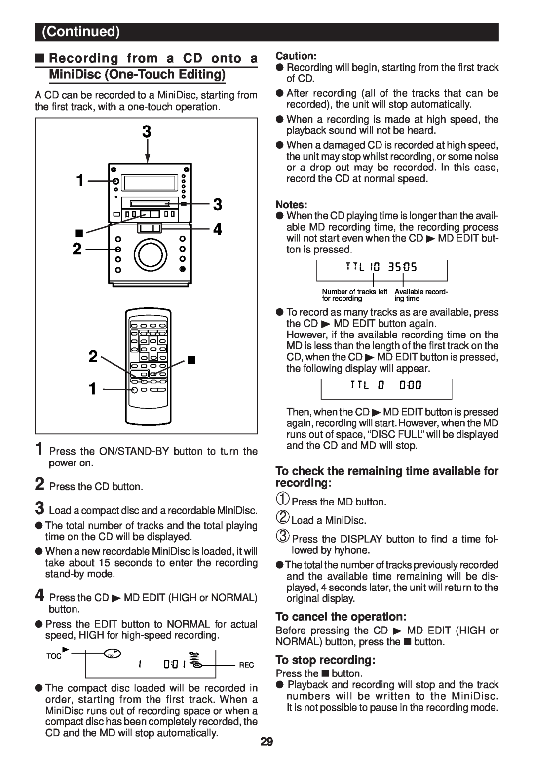 Sharp MD-M3H operation manual 2 2H, To cancel the operation, To stop recording, Continued 