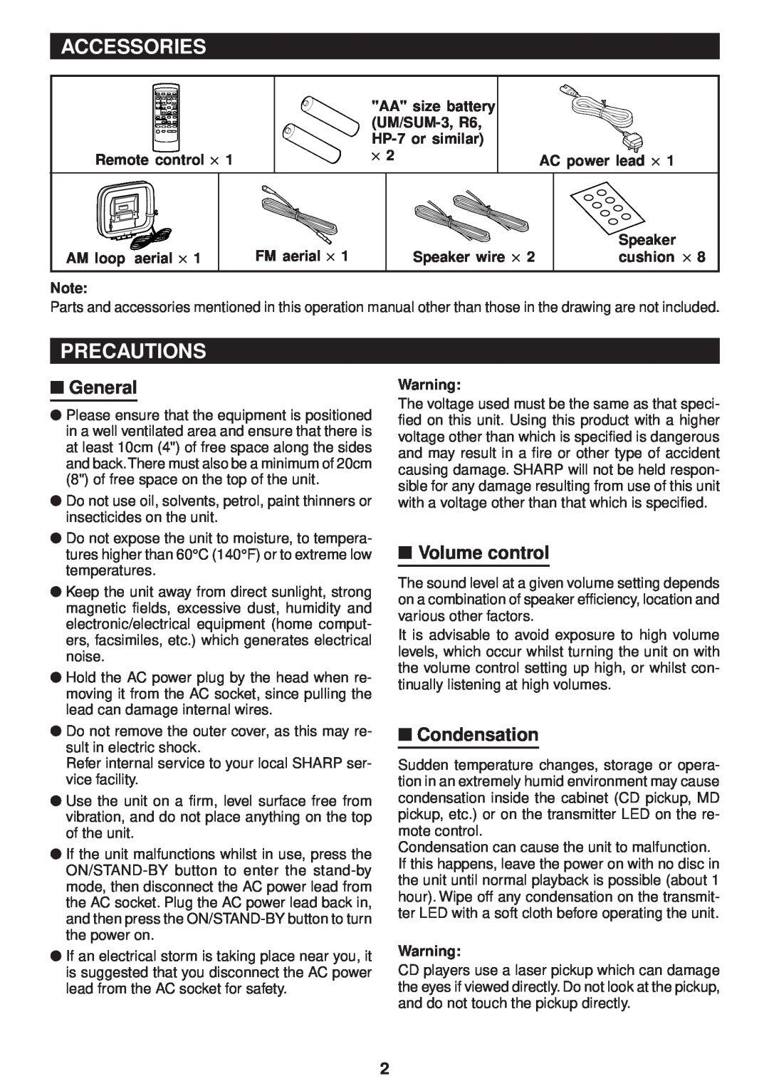 Sharp MD-M3H operation manual Accessories, Precautions, General, Volume control, Condensation 