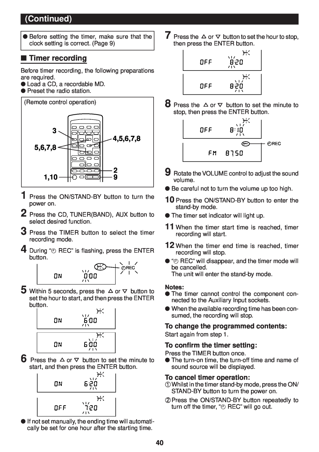 Sharp MD-M3H operation manual Timer recording, Continued, 3 4,5,6,7,8 5,6,7,8, 1,10, To change the programmed contents 