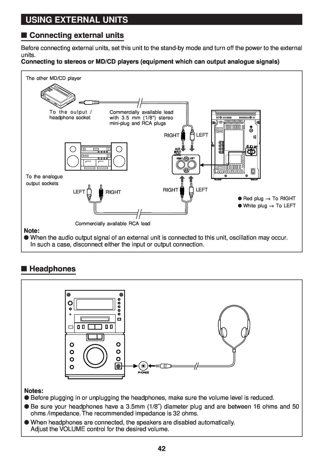 Sharp MD-M3H operation manual Using External Units, Connecting external units, Headphones 