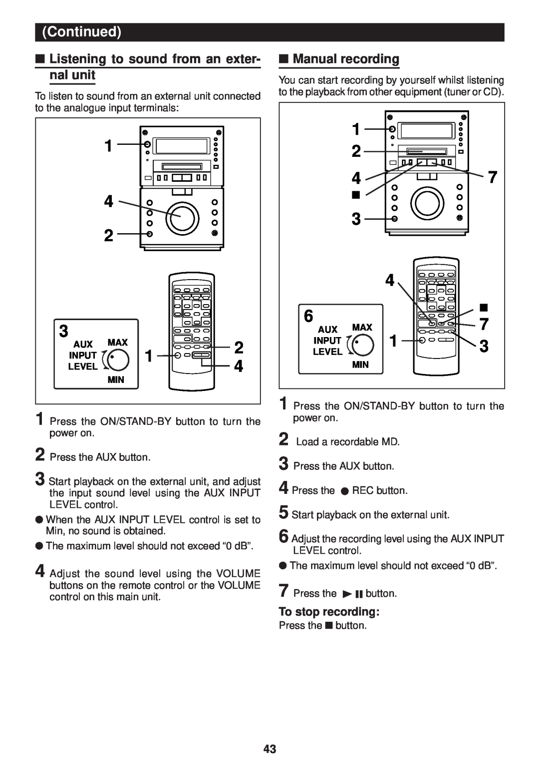 Sharp MD-M3H operation manual Listening to sound from an exter-nal unit, Manual recording, To stop recording 