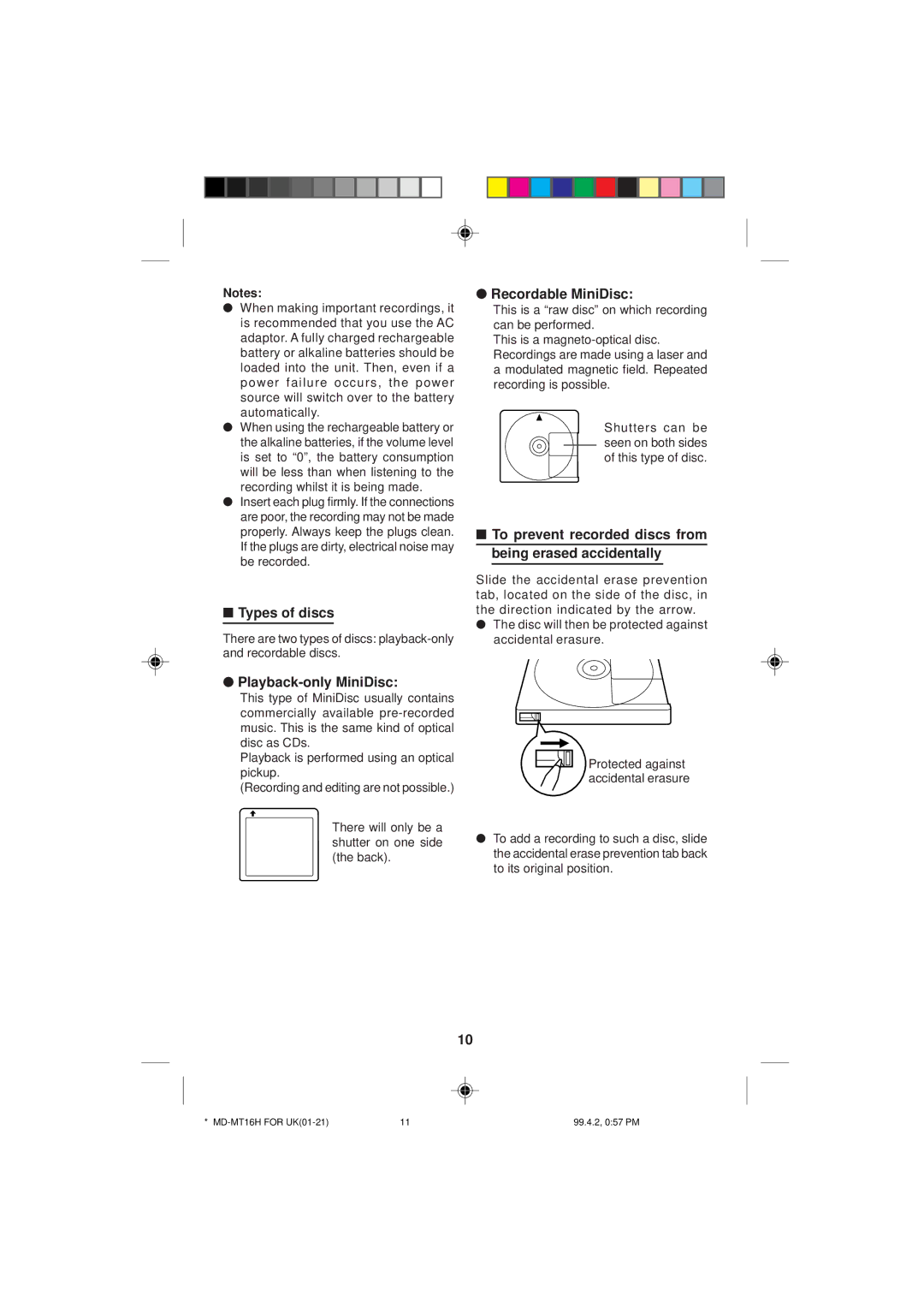 Sharp MD-MT16H Types of discs, Recordable MiniDisc, To prevent recorded discs from being erased accidentally 
