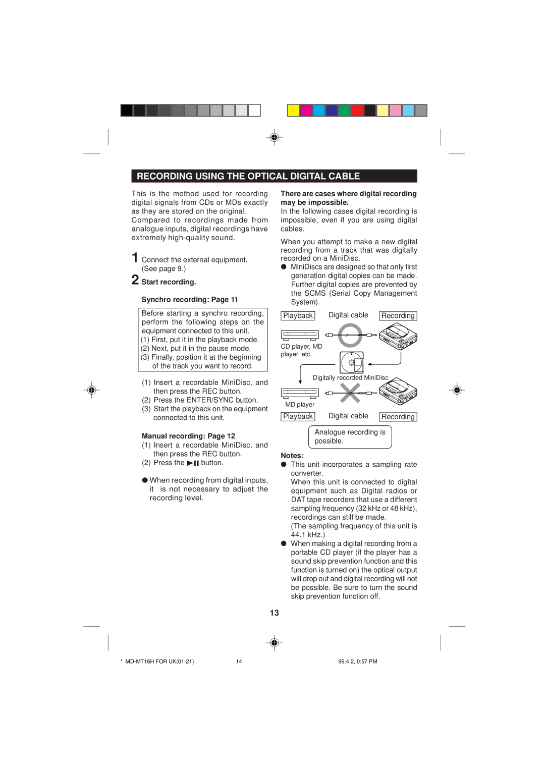 Sharp MD-MT16H Recording Using the Optical Digital Cable, Start recording Synchro recording, Manual recording 