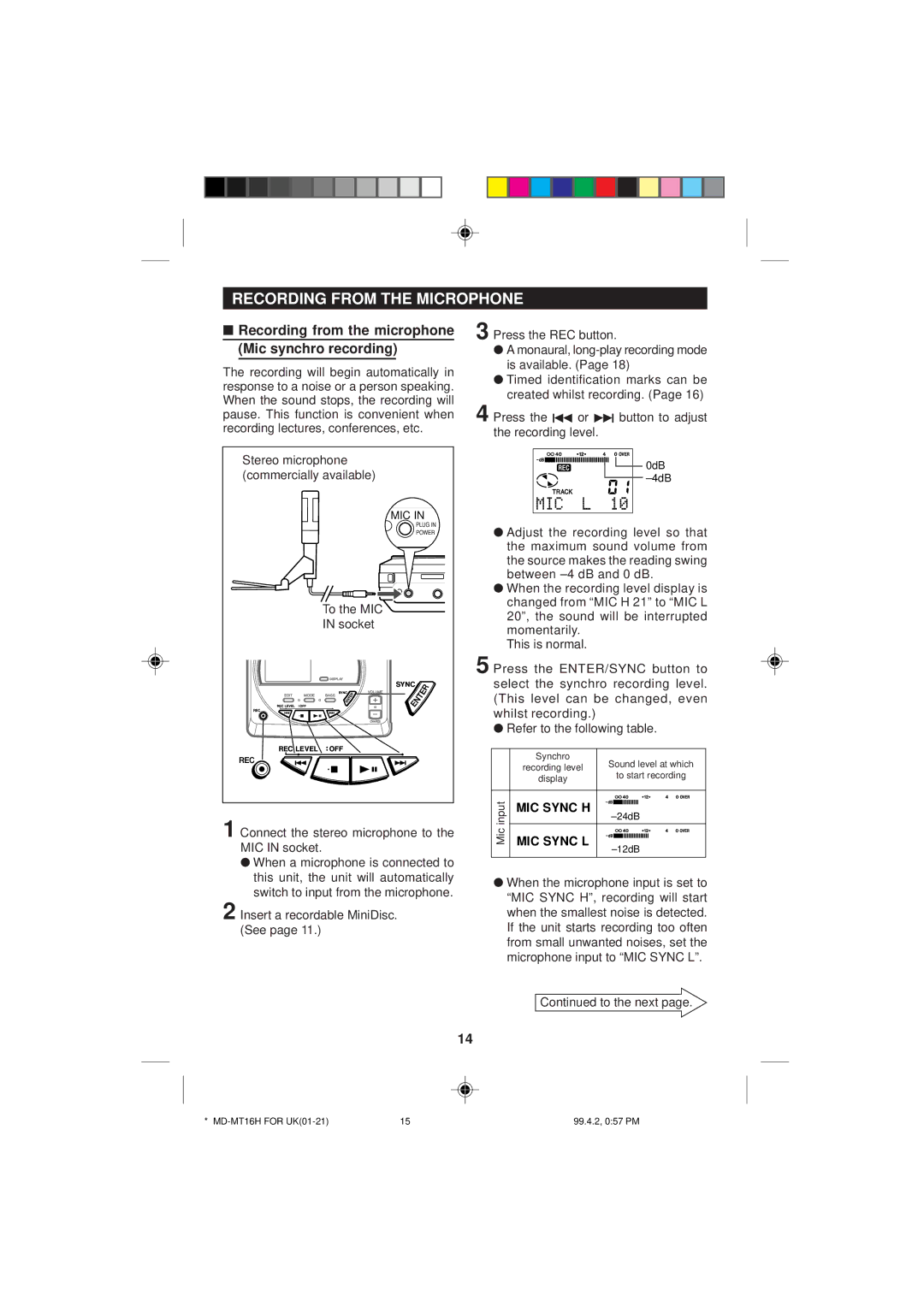 Sharp MD-MT16H operation manual Recording from the Microphone, Recording from the microphone Mic synchro recording 