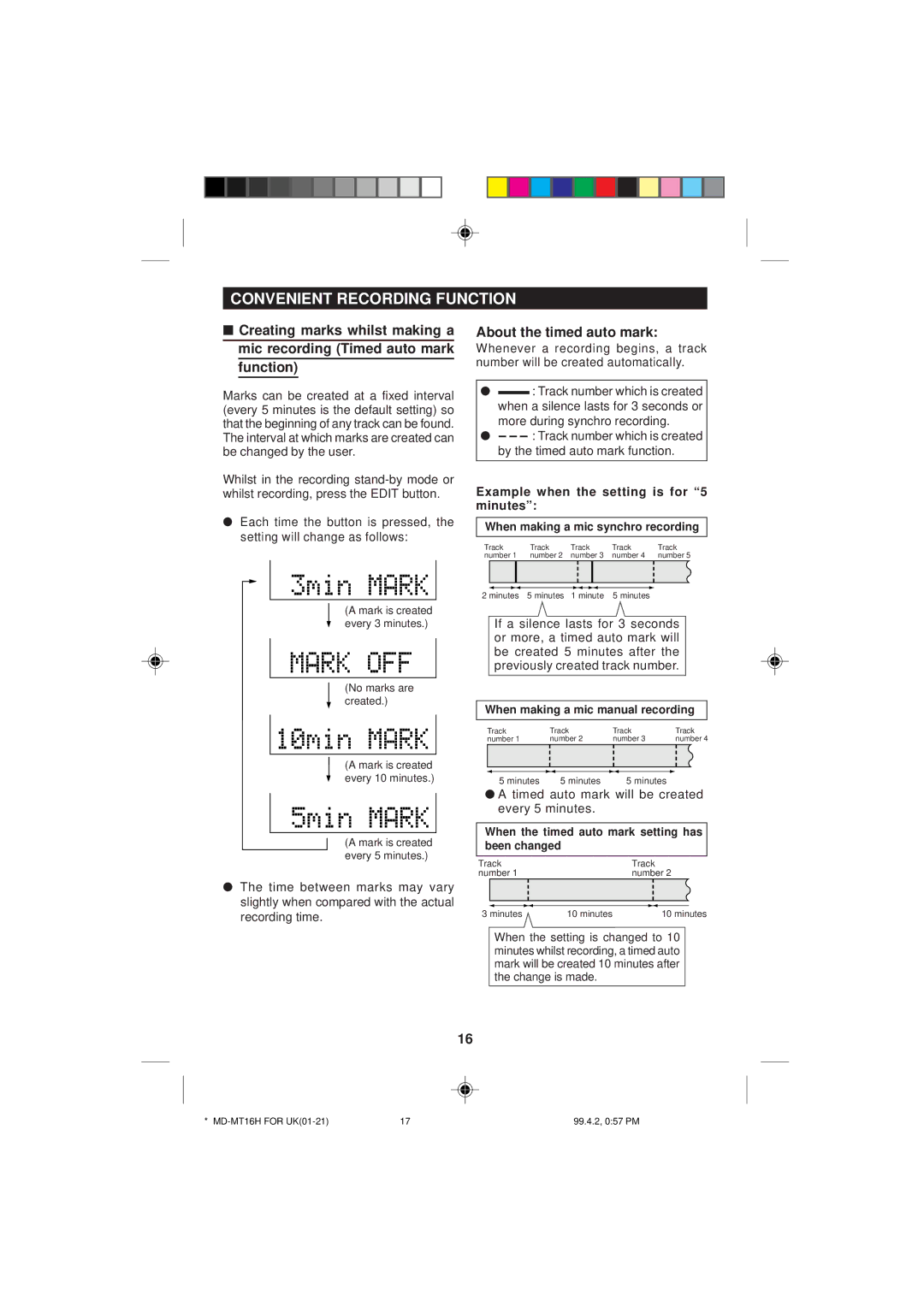 Sharp MD-MT16H Convenient Recording Function, About the timed auto mark, Example when the setting is for 5 minutes 