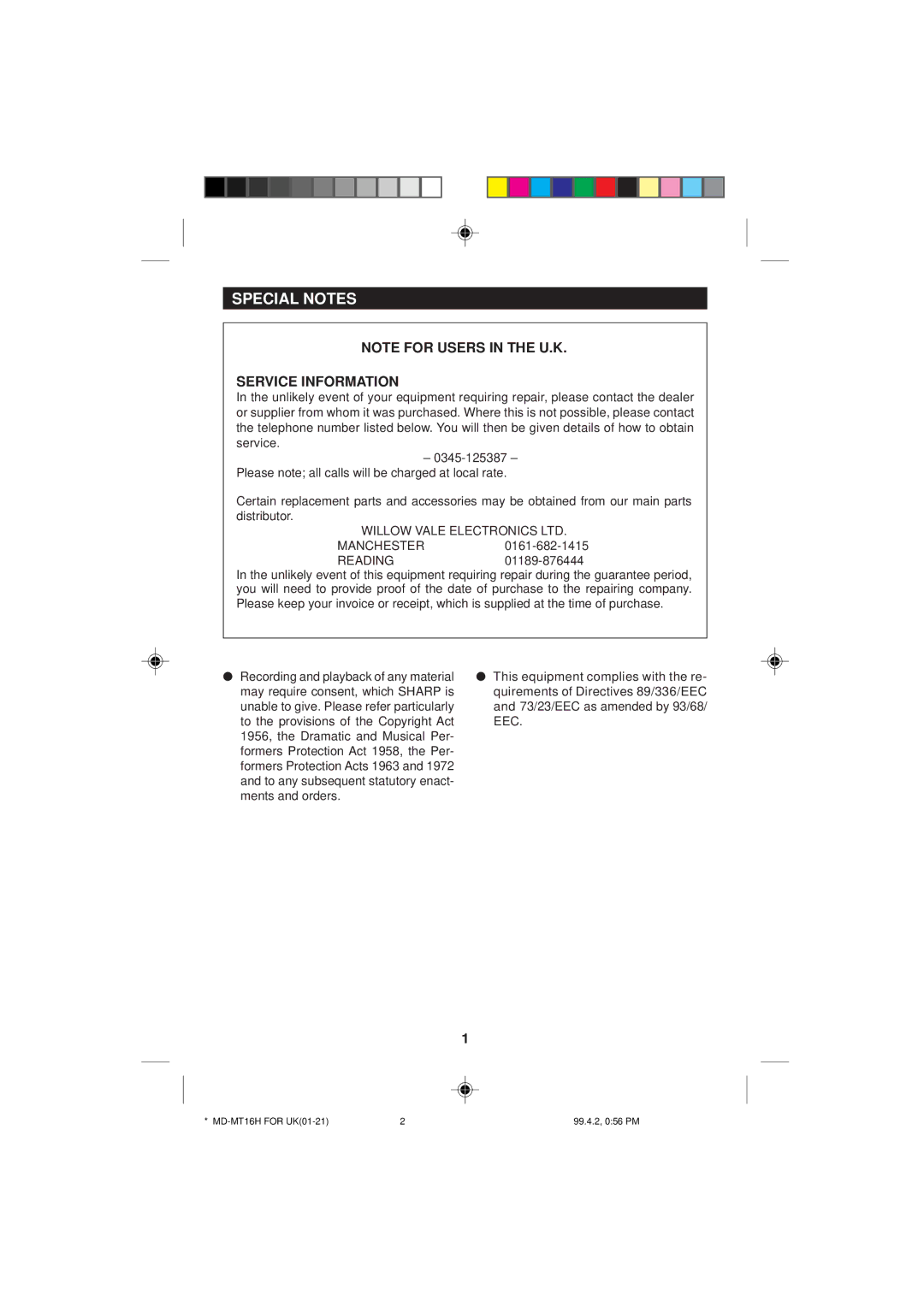 Sharp MD-MT16H operation manual Special Notes, Service Information 