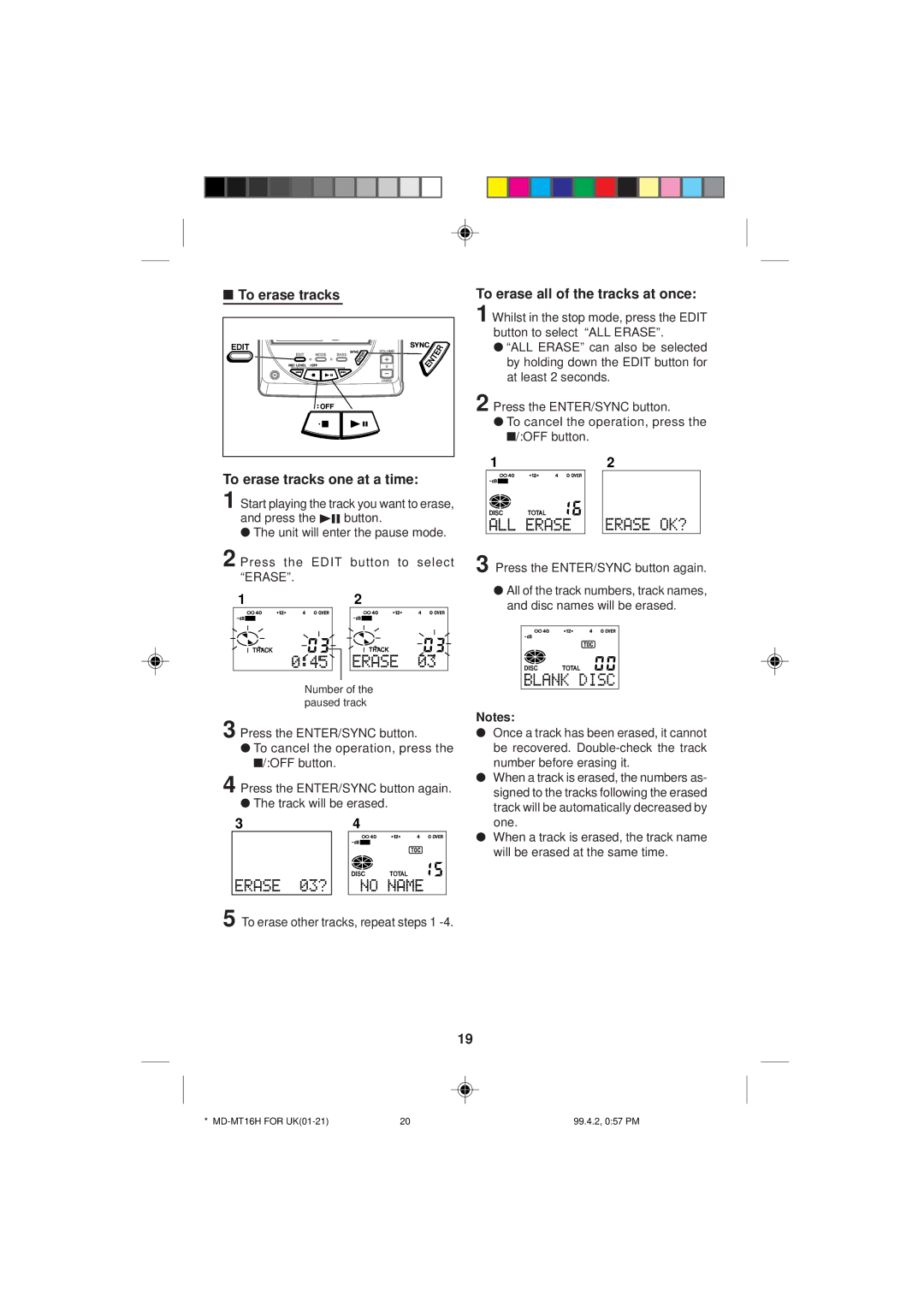 Sharp MD-MT16H operation manual To erase tracks To erase tracks one at a time, To erase all of the tracks at once 