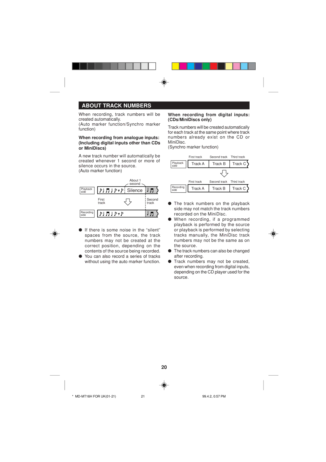 Sharp MD-MT16H operation manual About Track Numbers, When recording from digital inputs CDs/MiniDiscs only 