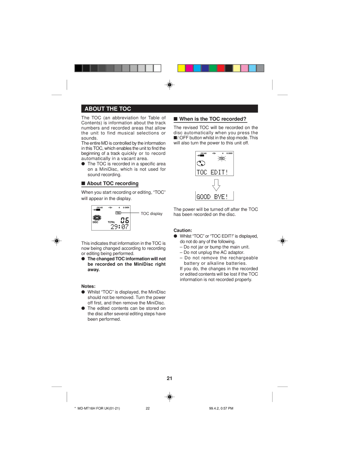 Sharp MD-MT16H operation manual About the TOC, About TOC recording, When is the TOC recorded? 