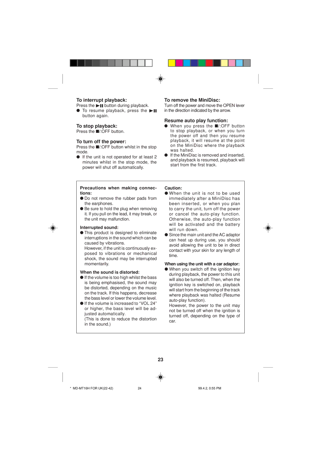 Sharp MD-MT16H operation manual To interrupt playback To remove the MiniDisc, To stop playback, Resume auto play function 