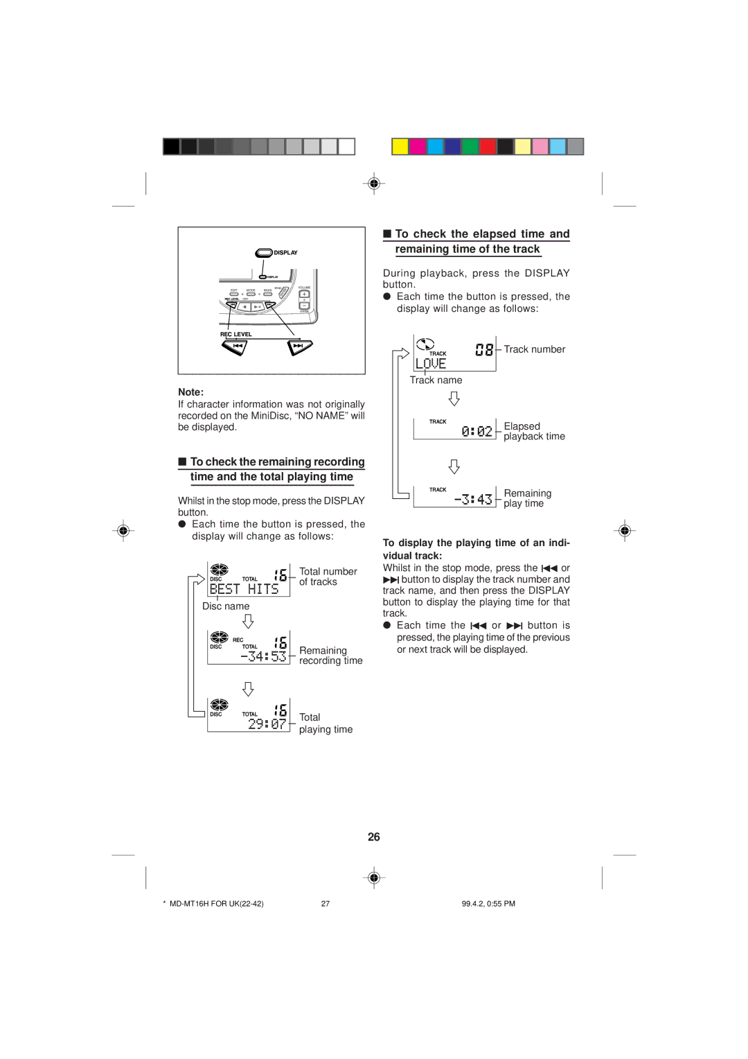 Sharp MD-MT16H operation manual To check the elapsed time and remaining time of the track 