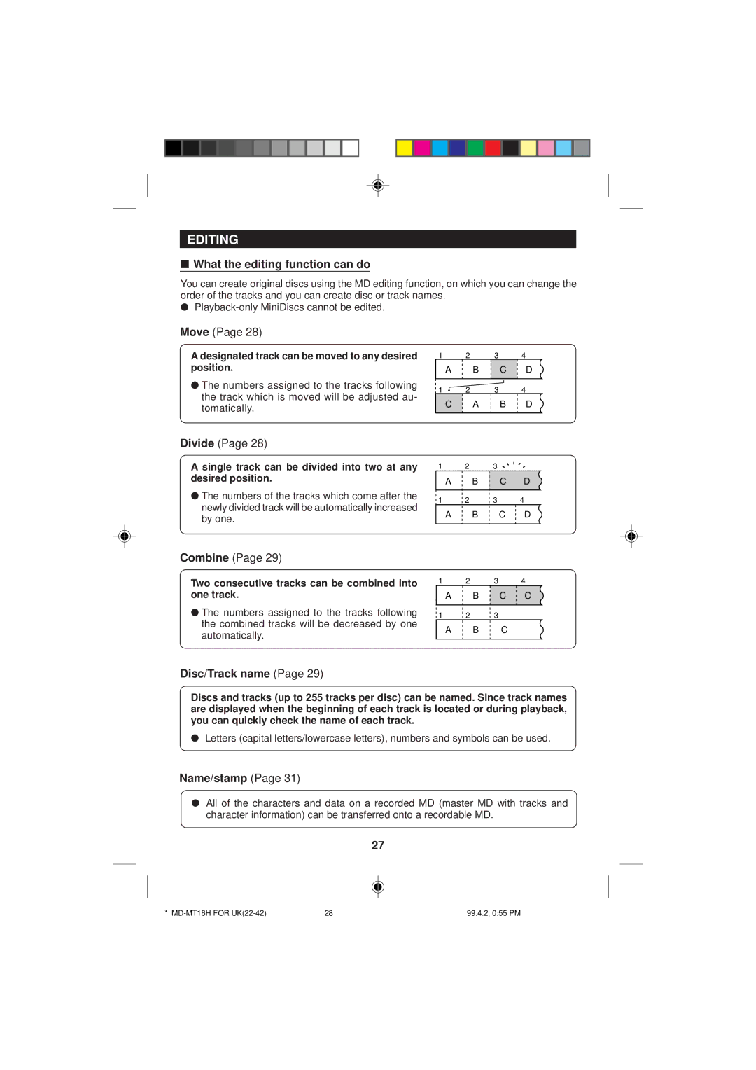 Sharp MD-MT16H operation manual Editing, What the editing function can do, Disc/Track name, Name/stamp 