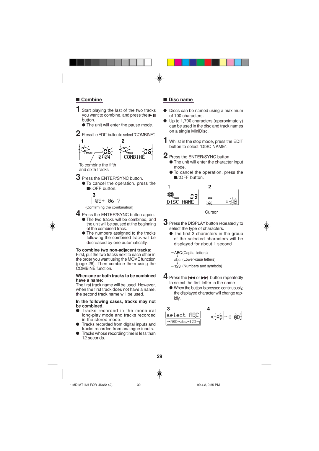 Sharp MD-MT16H operation manual Combine, Disc name, When one or both tracks to be combined have a name 