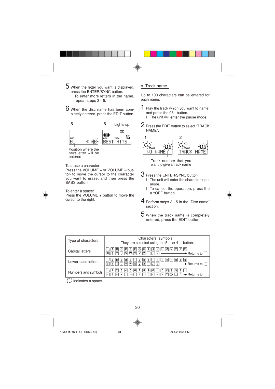 Sharp MD-MT16H Track name, Lights up, To erase a character, To enter a space, Type of characters Characters symbols 