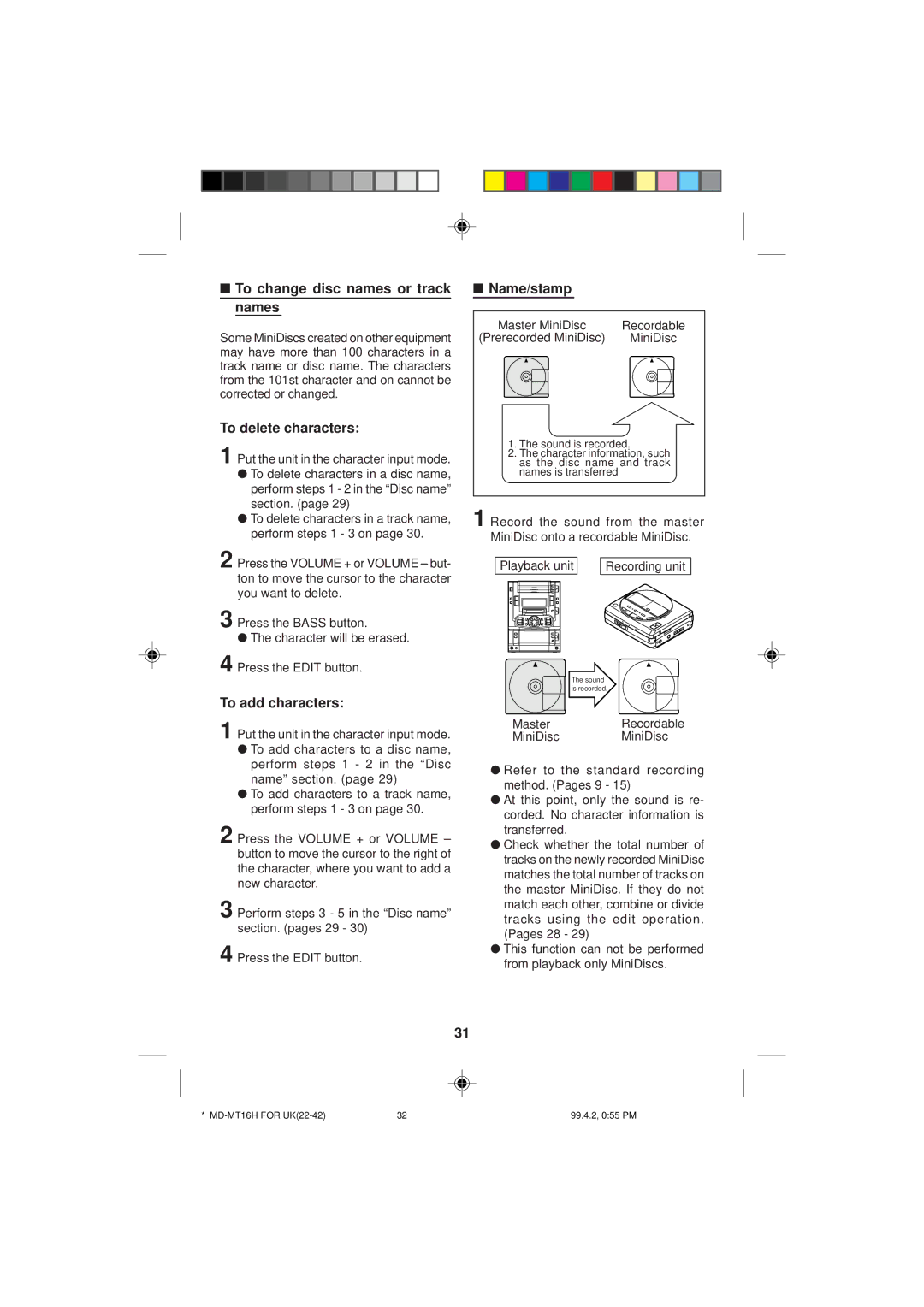 Sharp MD-MT16H To change disc names or track names, To delete characters, To add characters, Master MiniDisc Recordable 