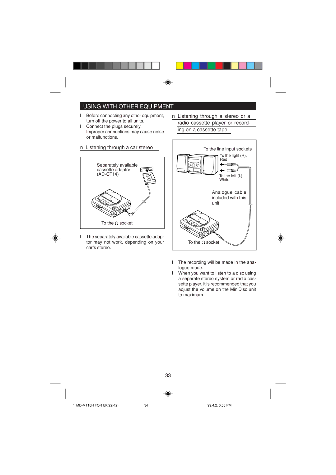 Sharp MD-MT16H operation manual Using with Other Equipment, Listening through a car stereo 