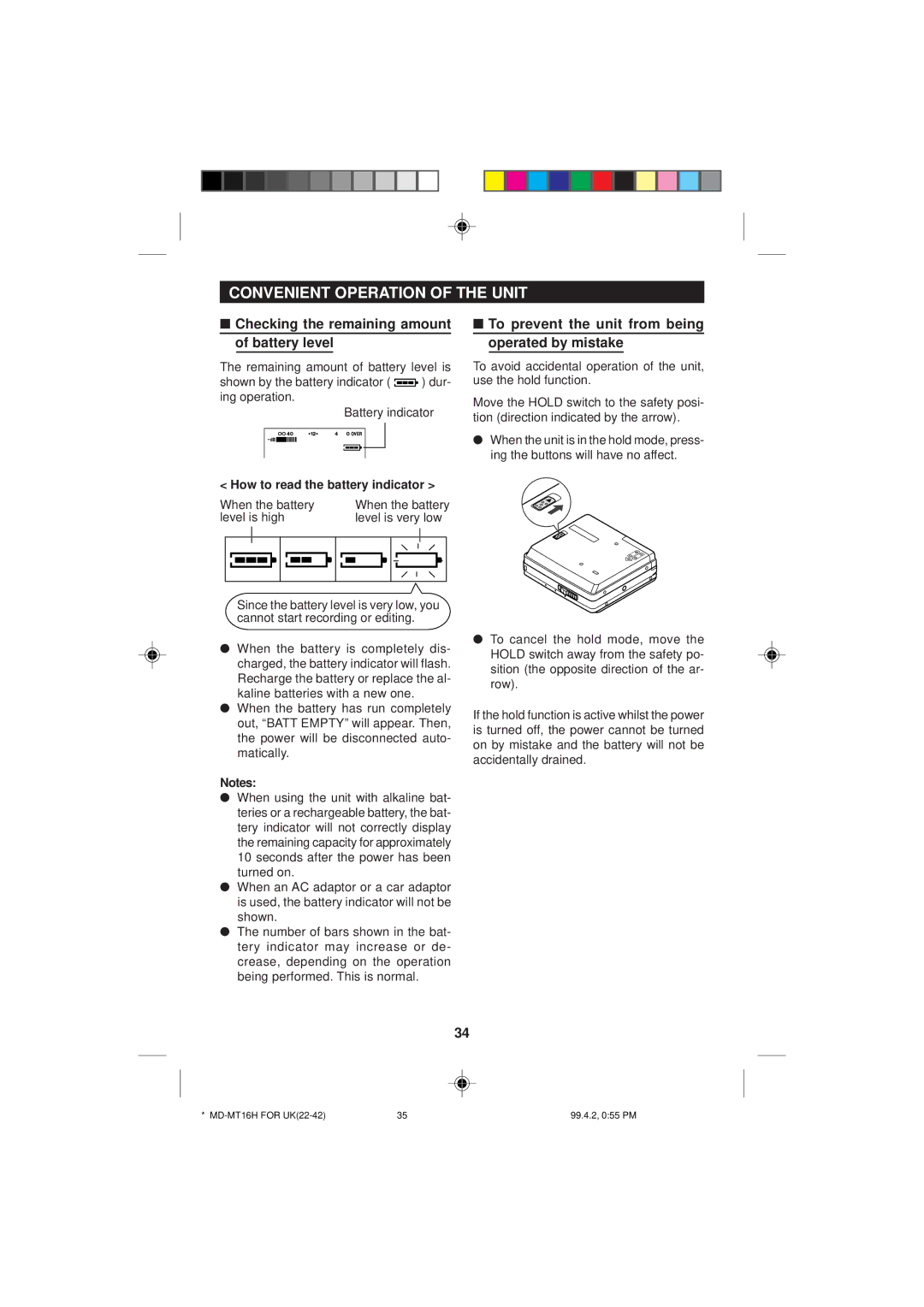 Sharp MD-MT16H operation manual Convenient Operation of the Unit, Checking the remaining amount of battery level 