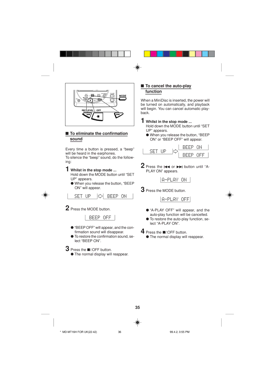 Sharp MD-MT16H To eliminate the confirmation sound, To cancel the auto-play function, Whilst in the stop mode 