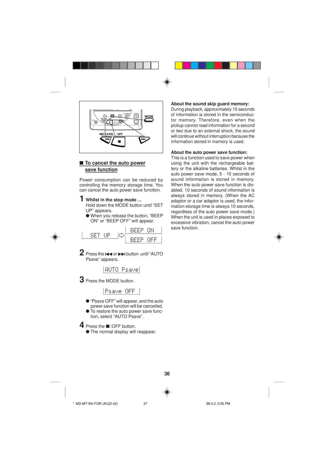 Sharp MD-MT16H operation manual To cancel the auto power save function, Hold down the Mode button until SET UP appears 