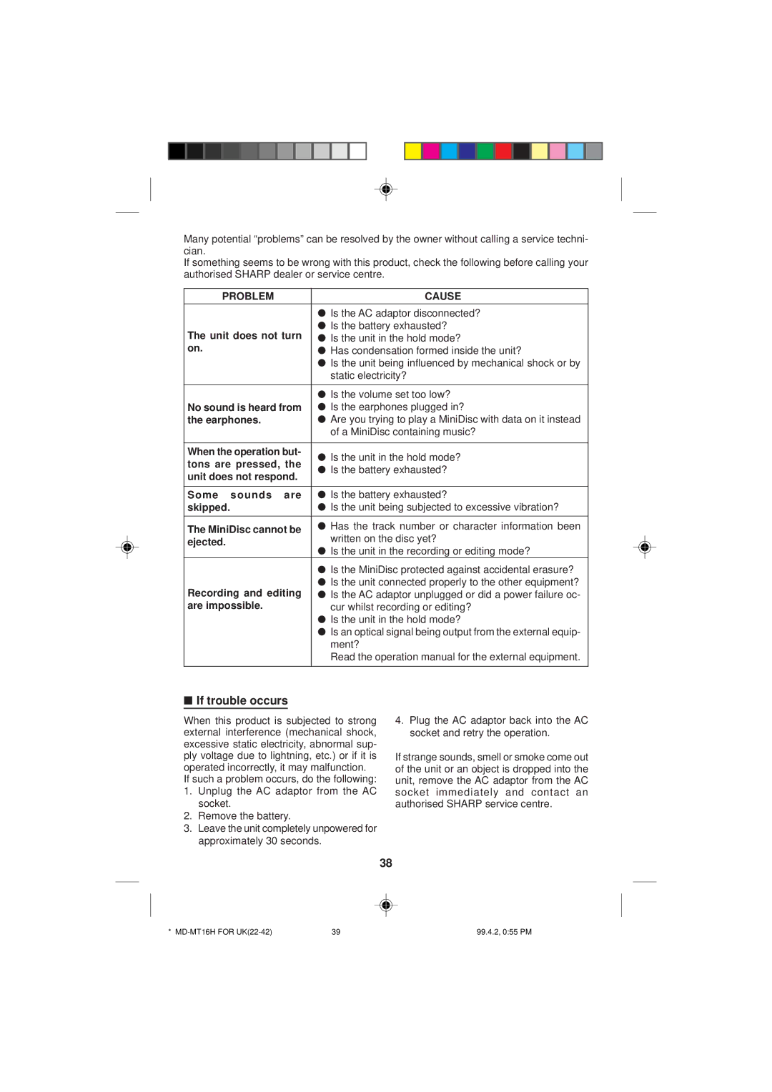 Sharp MD-MT16H operation manual If trouble occurs 