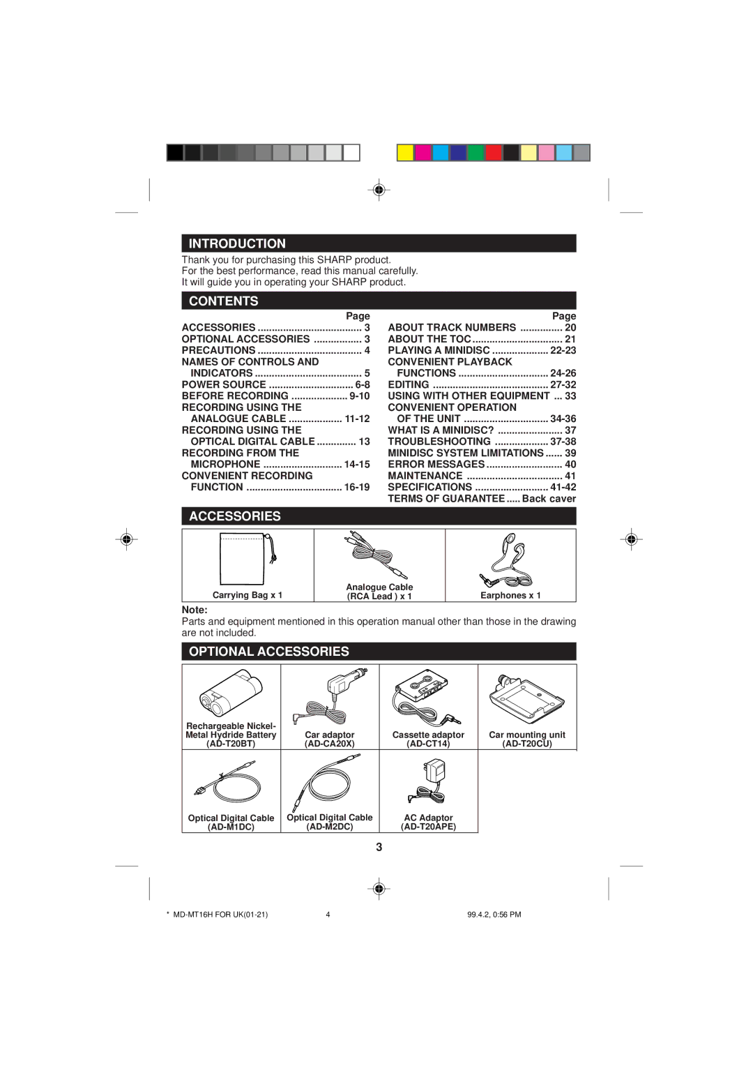 Sharp MD-MT16H operation manual Introduction, Contents, Optional Accessories 