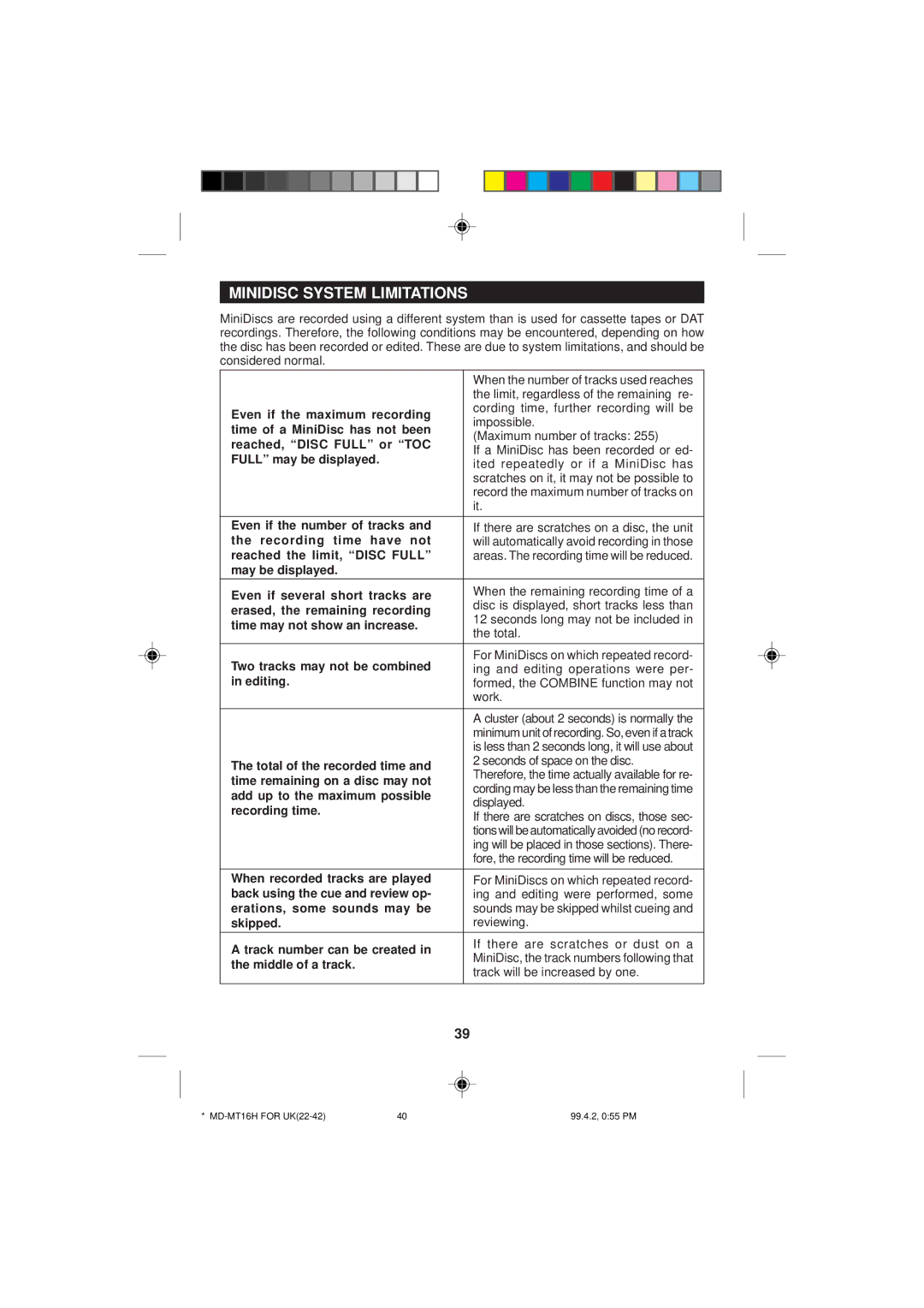 Sharp MD-MT16H operation manual Minidisc System Limitations 