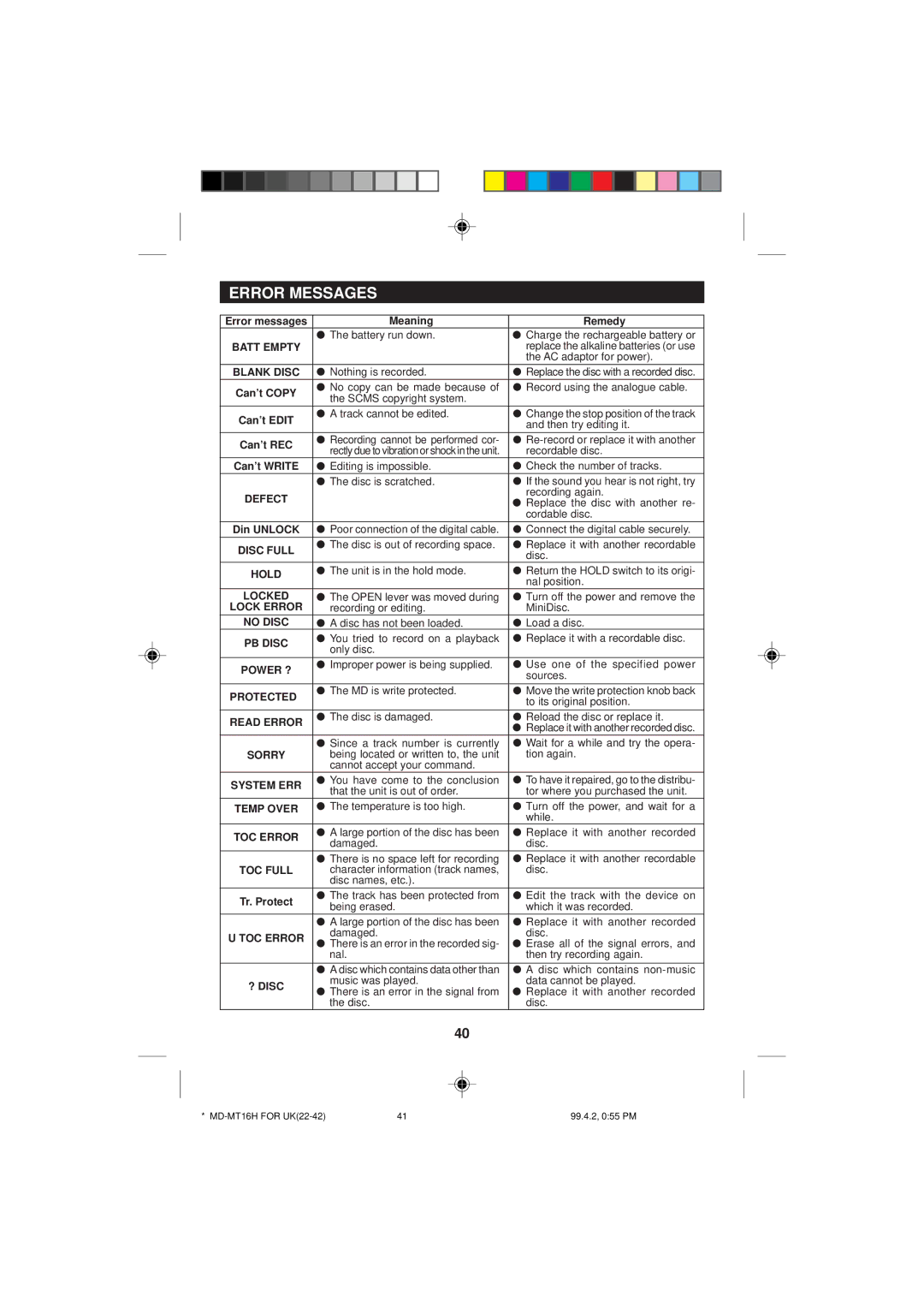 Sharp MD-MT16H operation manual Error Messages, Blank Disc 