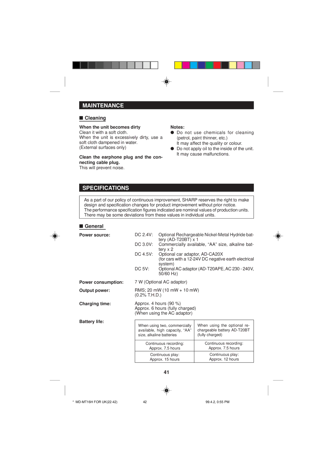 Sharp MD-MT16H operation manual Maintenance, Specifications, Cleaning, General 