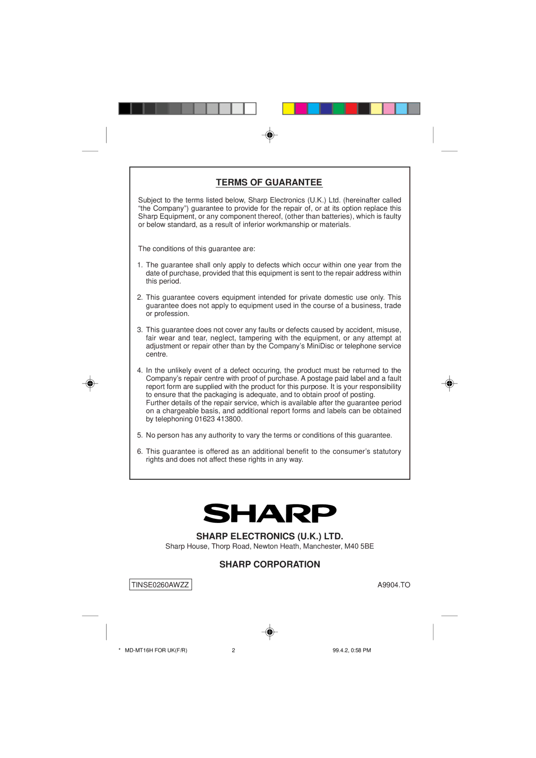 Sharp MD-MT16H operation manual Terms of Guarantee, A9904.TO 