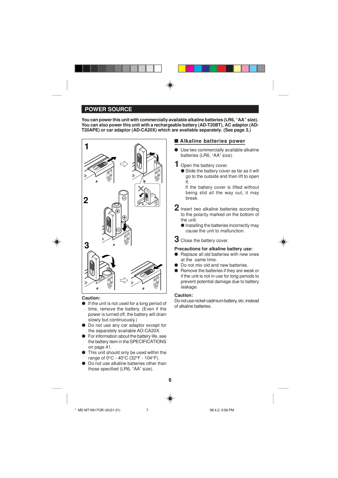 Sharp MD-MT16H operation manual Power Source, Alkaline batteries power, Precautions for alkaline battery use 