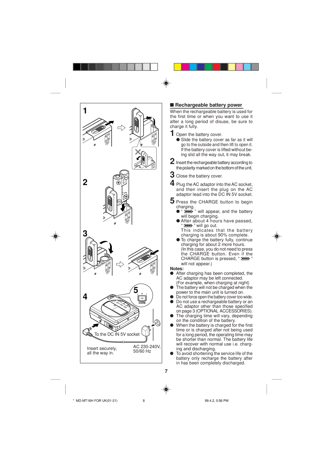 Sharp MD-MT16H operation manual Rechargeable battery power, To the DC in 5V socket, Insert securely 50/60 Hz All the way 